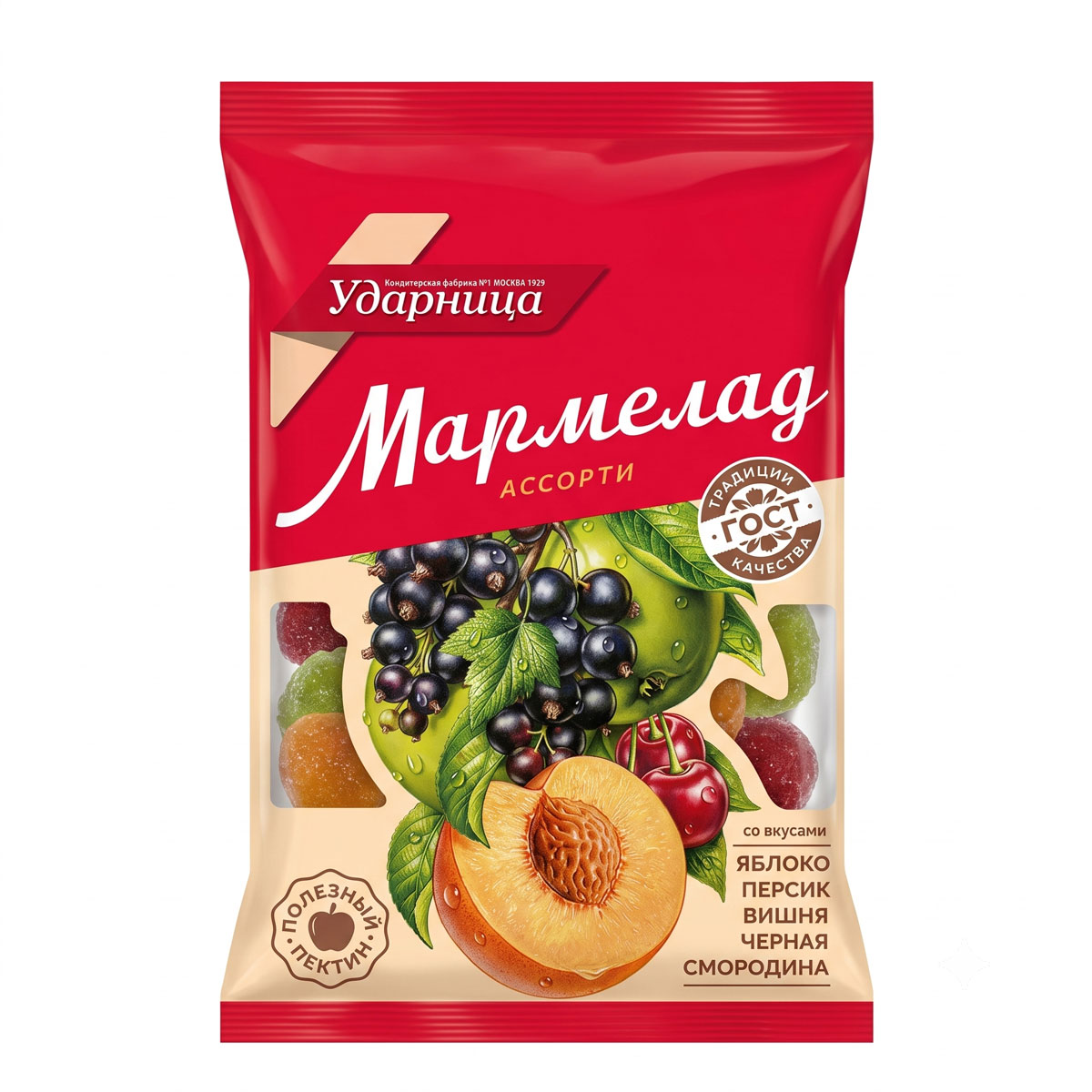 Мармелад «Ассорти» (со вкусом яблока, персика, вишни и черной смородины), 275 г (Ударница)