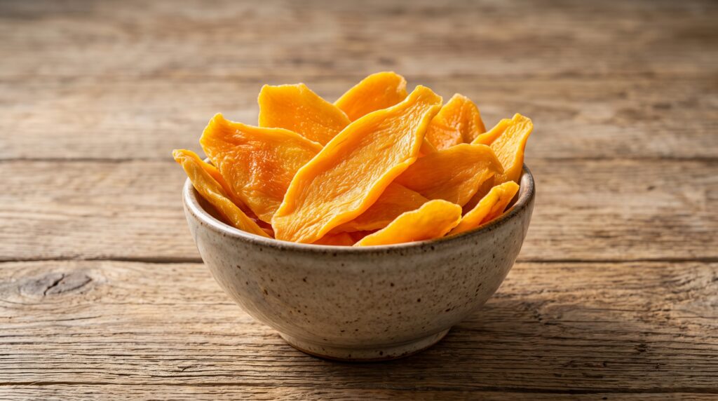 Kuivatatud mango viilud kausis, kõrval värske mango ja kaerahelbepuder"