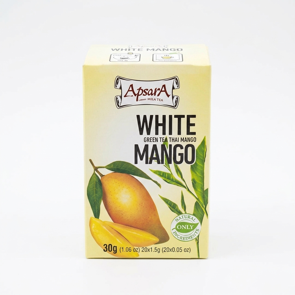 Roheline tee „White Mango“ (Apsara)
Netokogus: 30 g (20 x 1,5 g)
Päritolumaa: Tee päritolu: Hiina; pakendatud Lätis
Tootja: SIA Bargi, Läti
Roheline tee „White 